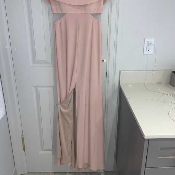 Xscape Off-The-Shoulder Floor Length Blush Gown - Picture 5 of 10